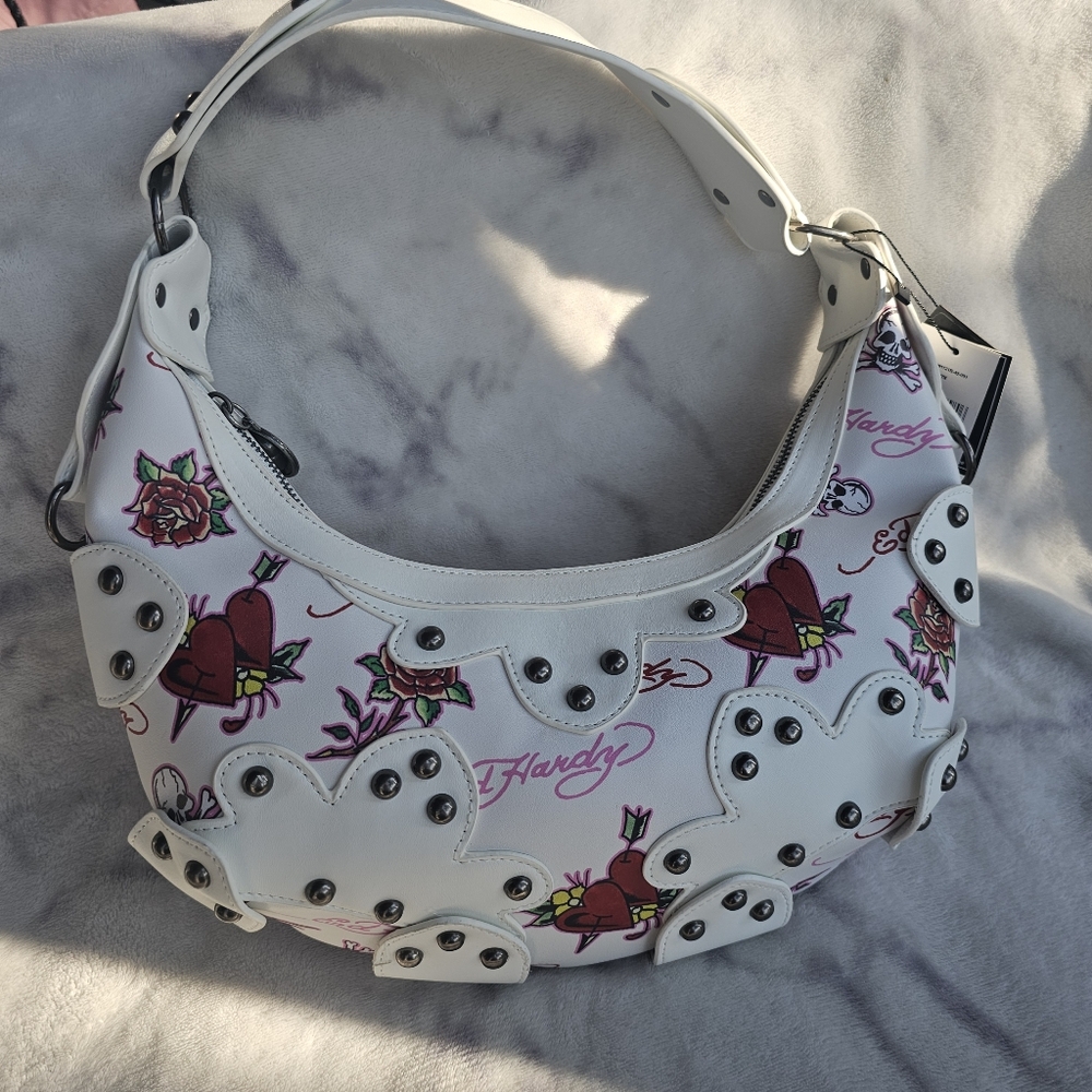 Ed Hardy White Shoulder Bag with Pink & Red Heart and Rose Tattoo Motif